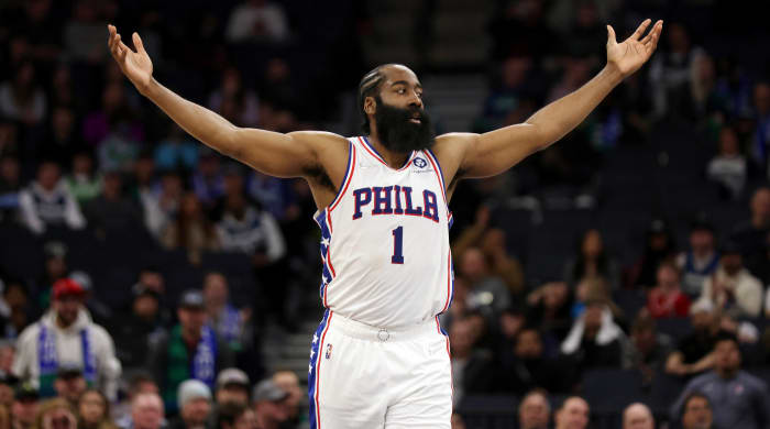 Philadelphia 76ers guard James Harden (1) reacts after scoring a basket against the Minnesota Timberwolves during the second half of an NBA basketball game Friday, Feb. 25, 2022, in Minneapolis.
